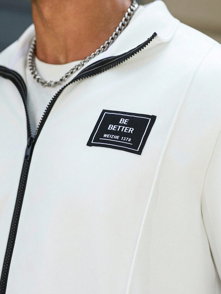 Manfinity Homme Plus Size Men Letter Patched Zip Front Sweatshirt And Pants Casual Tracksuit Set, Fall Clothes - White - View 5