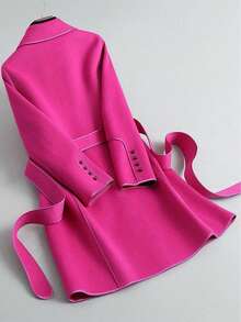 SHEIN Clasi 大码女式纯色做旧翻领长袖优雅羊毛大衣 - 玫紅色 - 查看 3