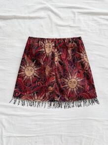 Soleia Vintage Sun Element Print Beaded Tassel Side Tie Waist Skirt, Suitable For Vacation, Music Festival, Bohemian, Holiday, Afternoon Tea, Beach