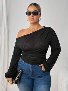 SHEIN PETITE CURVE Plus Size Women's Solid Color Slope Collar Long-Sleeved T-Shirt For Women Casual Loose Slouchy Style See-Through Blouse Beach Vacation Style Top For Women Off The Shoulder Top Long Sleeve Top One Shoulder Top Women Tops Puff Sleeve Top