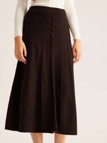 Aveloria Rosie Fall High Waist Slimming Button A-Line Women Sweater Skirt - Brown - View 3