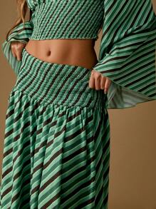 MISSGUIDED Elegant Striped Smocked Waist Maxi Skirt Asymmetrical Handkerchief Hem Festival Beach Vacation Resort Wear Summer Holiday Party Evening Dress Bottom - Multicolor - View 4