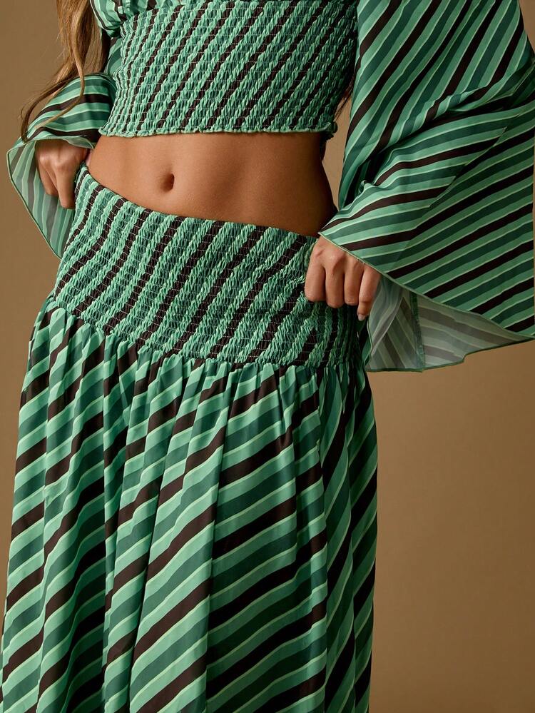 MISSGUIDED Elegant Striped Smocked Waist Maxi Skirt Asymmetrical Handkerchief Hem Festival Beach Vacation Resort Wear Summer Holiday Party Evening Dress Bottom