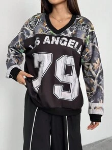 Teens (Girls) Casual Street Sports Jersey Camouflage Oversized V-Neck Sweatshirt Fall Winter - Black - View 6
