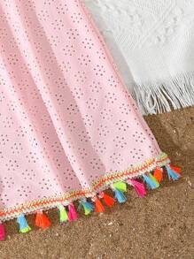 SHEIN Teen Girls Lovely Knitted White Crochet Special Fabric Tassel Beach Cover Up, Fashion Casual Elegant Suitable For Swimwear,Vacation,Summer