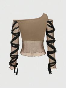 ROMWE Grunge Punk Punk Rivet Mesh Cutout Shoulder Women T-Shirt, Music Festival, Summer - Brown - View 2