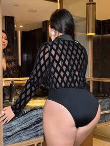 NU&NOW Plus Size Sexy Sheer Mesh Patchwork Turtleneck Long Sleeve Bodysuit, Suitable For Dates, Parties Fall Cloth For WomenValentine's Day - Black - View 3