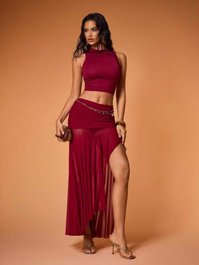 Y2Kool BiGraphic Burgundy Women's Casual Comfortable Simple Tank Top Red Dark Red Party Top