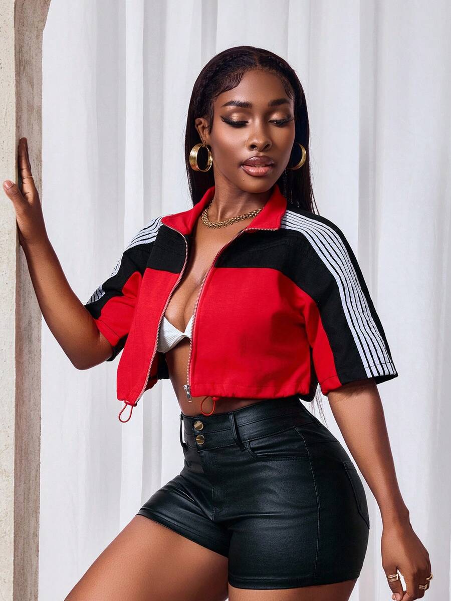 Slaydiva Women's Color Block Patchwork Cropped Denim Jacket - Black - View 1