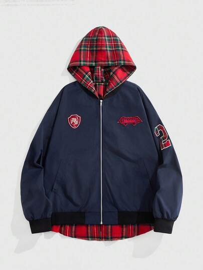 Street Life Casual Fashion Versatile Zip-Up Long Sleeve Hooded Plaid Men's Jacket