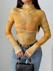 SHEIN Clasi 女式随机印花高领长袖上衣 - 黃色 - 查看 4