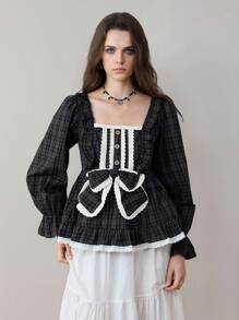 ROMWE Avant Women's Mori Kei Vintage Cottagecore Mori Style Plaid Fabric Square Collar Lace Patchwork Bow Puff Sleeve Doll Dress Long Sleeve Blouse