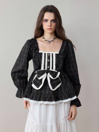 ROMWE Avant Blusa de manga larga con cuello cuadrado de encaje, estilo Mori Kei vintage, estilo Cottagecore, tela a cuadros, parche de encaje y lazo, manga abullonada, vestido de muñeca
