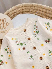 SHEIN 2pcs Baby Girl Floral Pattern Knit Sweater And Elastic Waist Pants Set, Beige, Autumn/Winter Embroidered Cardigan Sweater Set Brown Sweater Wide-Leg Pants Fall