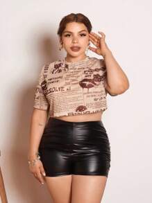 Lupita Cardoza 女士圆领短款报纸印花网眼短袖 T 恤 - 杏色 - 查看 1