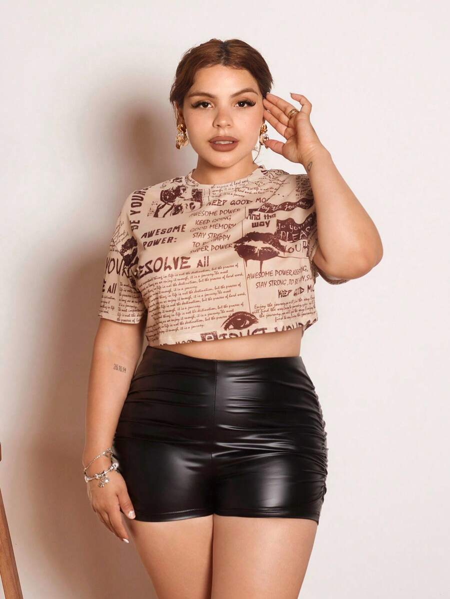 Lupita Cardoza 女士圆领短款报纸印花网眼短袖 T 恤 - 杏色 - 查看 1