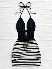 Soleia 新款休闲度假西部海滩婚礼宾客服装毕业早午餐女式连衣裙，优雅波西米亚热带露背黑白条纹针织纹理迷你连衣裙，适合圣帕特里克节、春假、复活节、音乐节 - 黑與白 - 查看 2