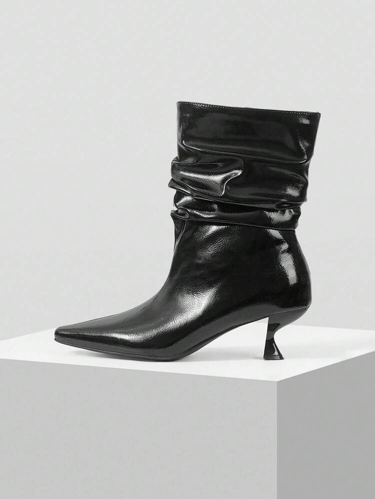 RUCHED PATENT PU LEATHER KNEE-HIGH RIDING BOOTS, SLIM TALL SHAFT STILETTO HEEL WOMEN BOOTS