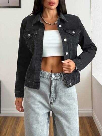 EURMUSE 97% Cotton Flap Pocket Button Front Denim Jacket