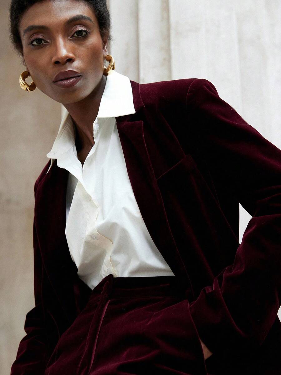 Aveloria Modichic 女士商务休闲天鹅绒双排扣西装外套和阔腿裤套装 - 酒紅色 - 查看 1