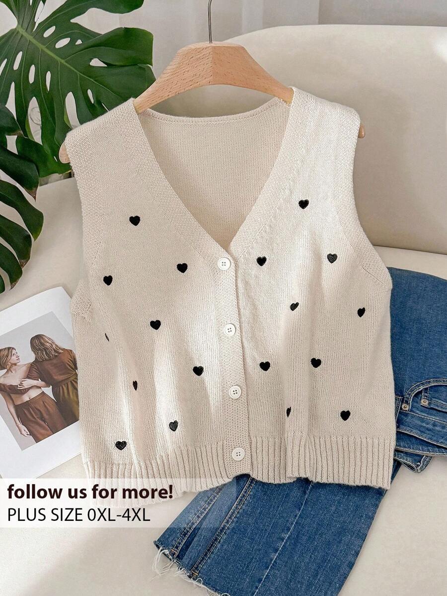 CosyJoli Plus Size Women's Fashionable Casual Heart Knitted Vest
