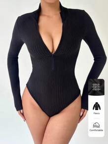 FavEase Black Solid Half Open Collar Long Sleeve Fitted Bodysuit Fall Cloth For Women - Black - View 1