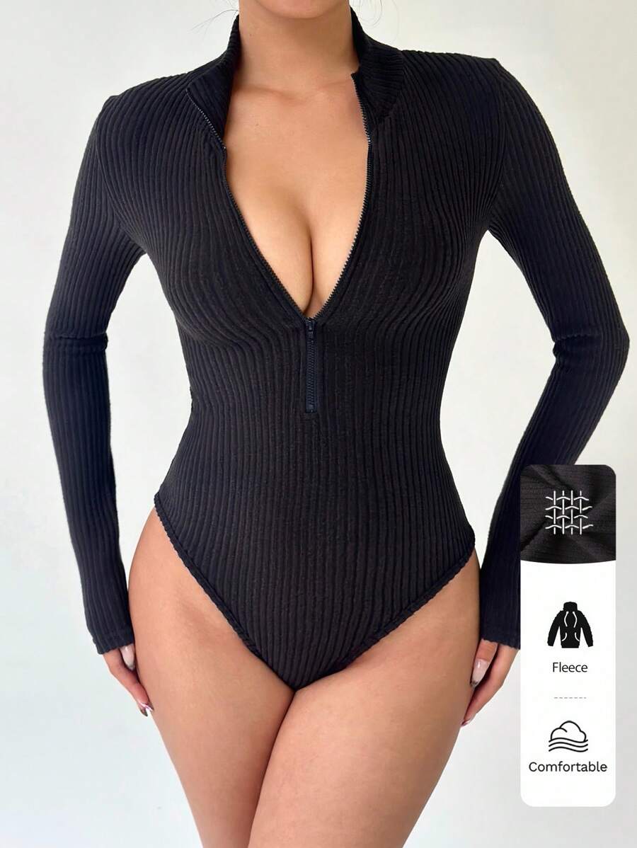 FavEase Black Solid Half Open Collar Long Sleeve Fitted Bodysuit Fall Cloth For Women - Black - View 1