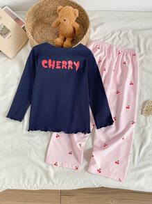 SHEIN Genkimix Kids Young Girl' Navy Blue Ribbed Cherry Print Long Sleeve Top & Ribbed Pants Pajama Set Fall Winter - Multicolor - View 2