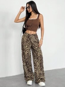 SHEIN Sparklyn 少女豹纹系腰阔腿宽松裤