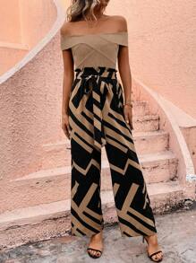 Breezaya Set de 2 piezas: Top hombros descubiertos de unicolor y pantalones con estampado geométrico, para uso casual en verano