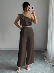 Elenzga 女士休闲肩带荷叶边腰阔腿连体裤，适合海滩、办公室、通勤、派对 - 棕色 - 查看 5