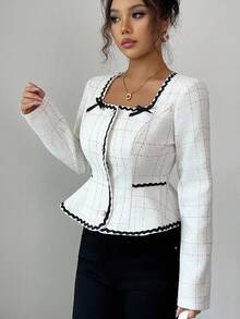 Elenzga Women's White Ellegant Office Tweed Texture Top,Autumn Long Sleeve Ruffle Collar Open Front Faux Pearl Button Waist Tie Belt Design 3D Bow Decor - Apricot - View 5