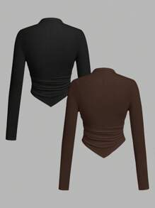 SHEIN SXY 2 件套不对称下摆立领长袖 T 恤，黑色和棕色 - 棕色 - 查看 2