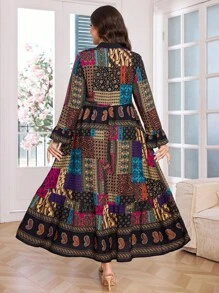 Lacomfia 大码女式几何花卉印花V领长袖休闲连衣裙 - 彩色 - 查看 3