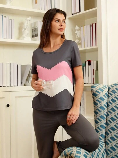 SHEIN 不对称条纹印花短袖和裤子女士睡衣套装