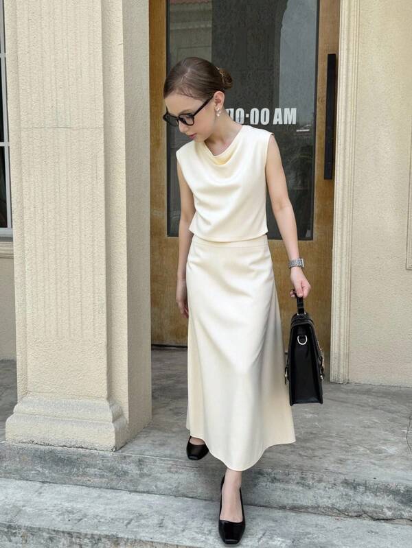 Tween Girl Summer Elegant Solid Color Halter Blouse & Skirt Set
