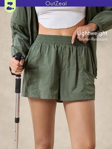 女式防水轻便弹力工装口袋户外短裤徒步露营旅行 - 軍綠色 - 查看 1