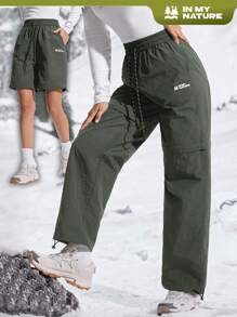 In My Nature Pantalones holgados para senderismo con estampado de letras y cordón en la cintura para mujeres