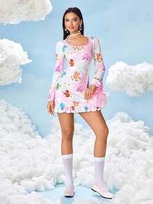SHEIN X Care Bears Women's Cartoon Bear Pattern Square Neck Long Sleeve Short Dress - Pink - View 5