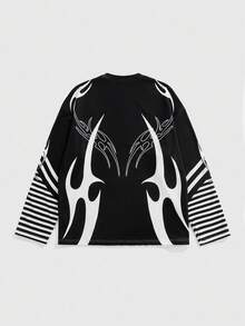 ROMWE MEN Anime 男士时尚深色印花撞色条纹长袖 T 恤，Emo 风格，2000 年代风格 - 黑色 - 查看 2