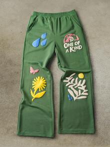 Discovery X SHEIN Men's Casual Everyday Letter & Plant Pattern Elastic Waist Wide Leg Sweatpants - Green - View 1