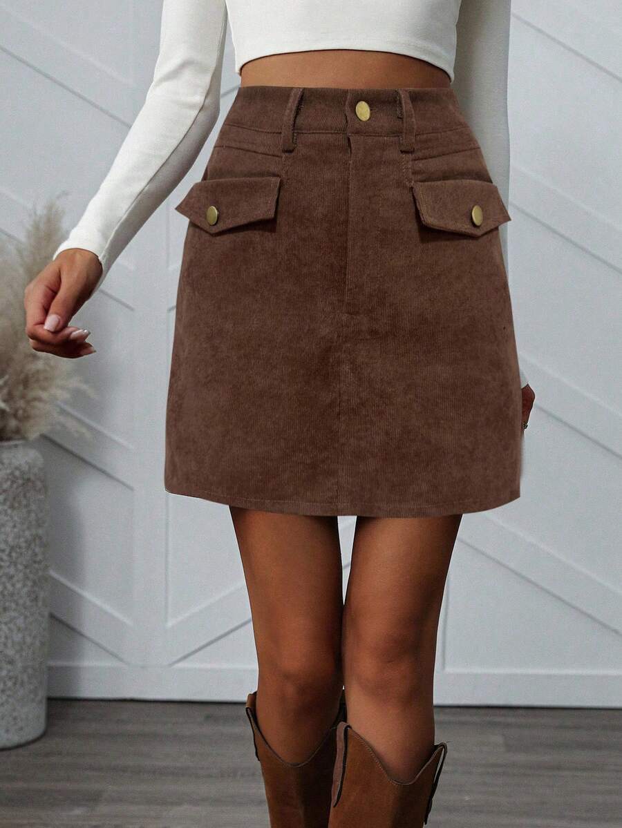 SHEIN LUNE Women's Solid Color Minimalist Casual Skirt - Brown - View 1
