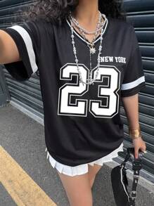 SHEIN Teen Girls Fashionable Loose Fit V-Neck Short Sleeve T-Shirt With Needle & Thread, Letter & Number Print For Spring/Summer - Black - View 3