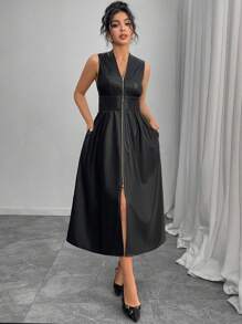 INAWLY 女式纯色无袖性感收腰V领长款拉链前开式黑色正式连衣裙