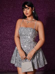 Viva Relle Plus Size Women's Sequin Backless Mini Party DressValentine's Day - Silver - View 5
