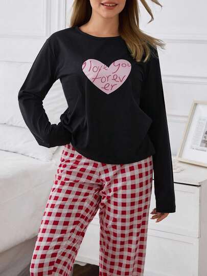 EURMUSE 2 pezzi Set pigiama con top a maniche lunghe con stampa a cuore e pantaloni lunghi a quadri