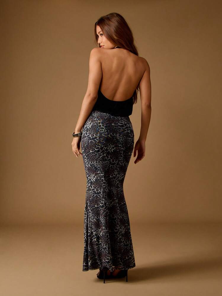MISSGUIDED Elegantes Leoparden-Muster Bodycon Halter Maxi Kleid bodenlang für Abendpartys, rückenfreies formelles Anlass Kleid mit Raffung und figurbetonter Passform