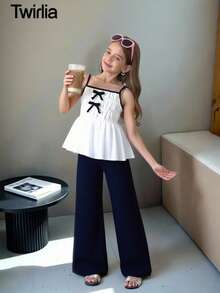 2 件套 Tween 女童休闲甜美可爱纹理泡泡褶面料吊带背心上衣和宽松阔腿裤套装，适合日常、通勤、度假、姐妹街头风格、春夏 - 黑色 - 查看 1