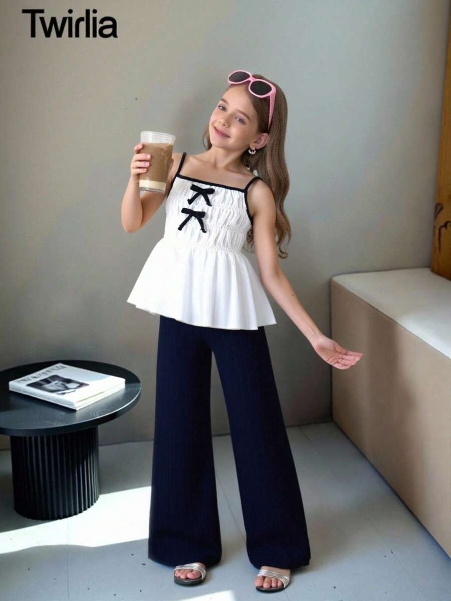 2 件套 Tween 女童休闲甜美可爱纹理泡泡褶面料吊带背心上衣和宽松阔腿裤套装，适合日常、通勤、度假、姐妹街头风格、春夏 - 黑色 - 查看 1