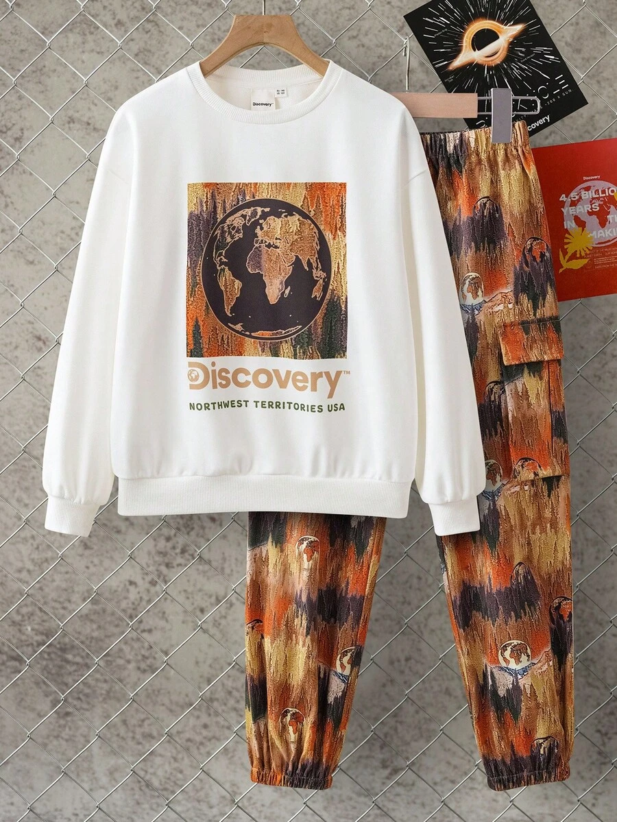 Discovery X SHEIN 2pcs/Set Tween Boy Ombre Tie-Dye Streetwear Sporty Style Crew Neck Long Sleeve Sweatshirt And Sweatpants Knit Casual Outfit - Multicolor - View 1